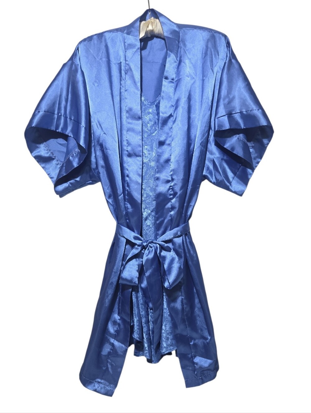 Vintage Blue Satin Kimono Robe and Jacquard 2 Piece Nightgown Set Size Medium